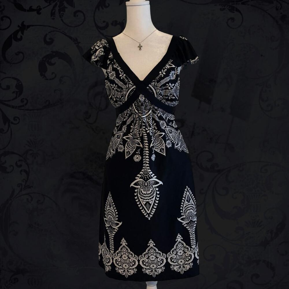 ornate paisley medallion scrollwork print black & white fairy boho glam dress